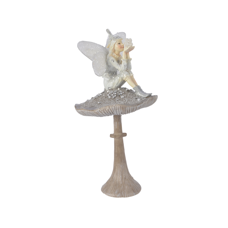 elf poly zittend op paddenstoel creme 13x13x25.9cm