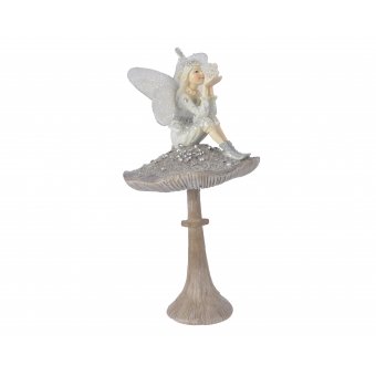 elf poly zittend op paddenstoel creme 13x13x25.9cm