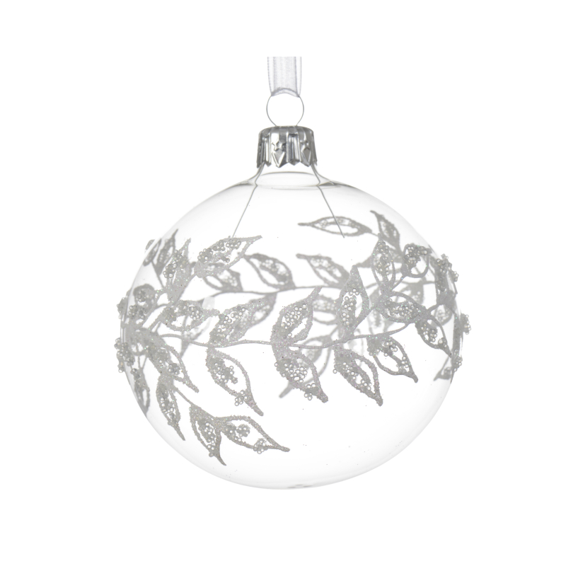 kerstbal glas blad rand transparant 8cm