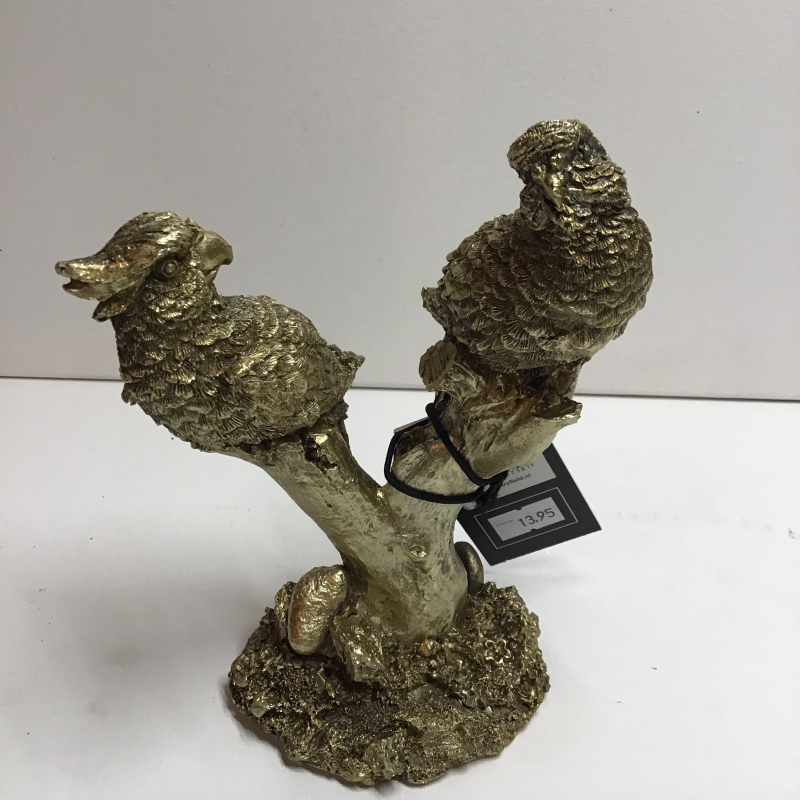 vogel 2 stuks op stok goudkleurin 14x16