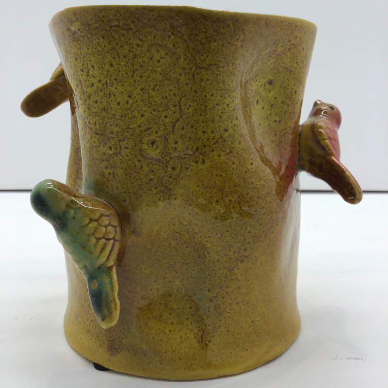 vaas pot porselein okergeel met 3 vogels 14x14