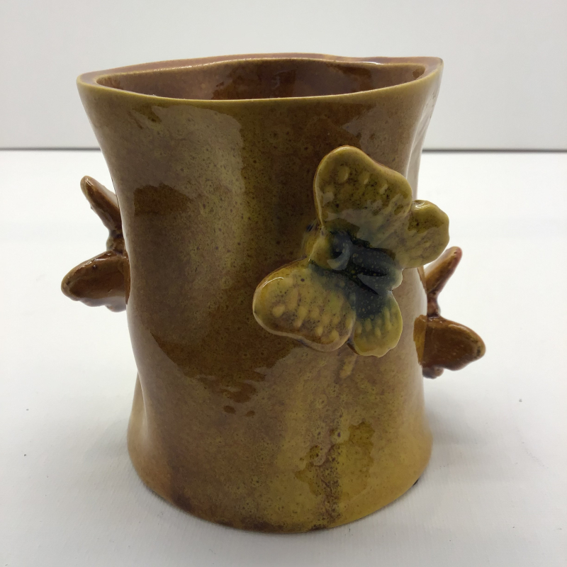 vaas pot porselein okergeel met 3 vogels 10x12